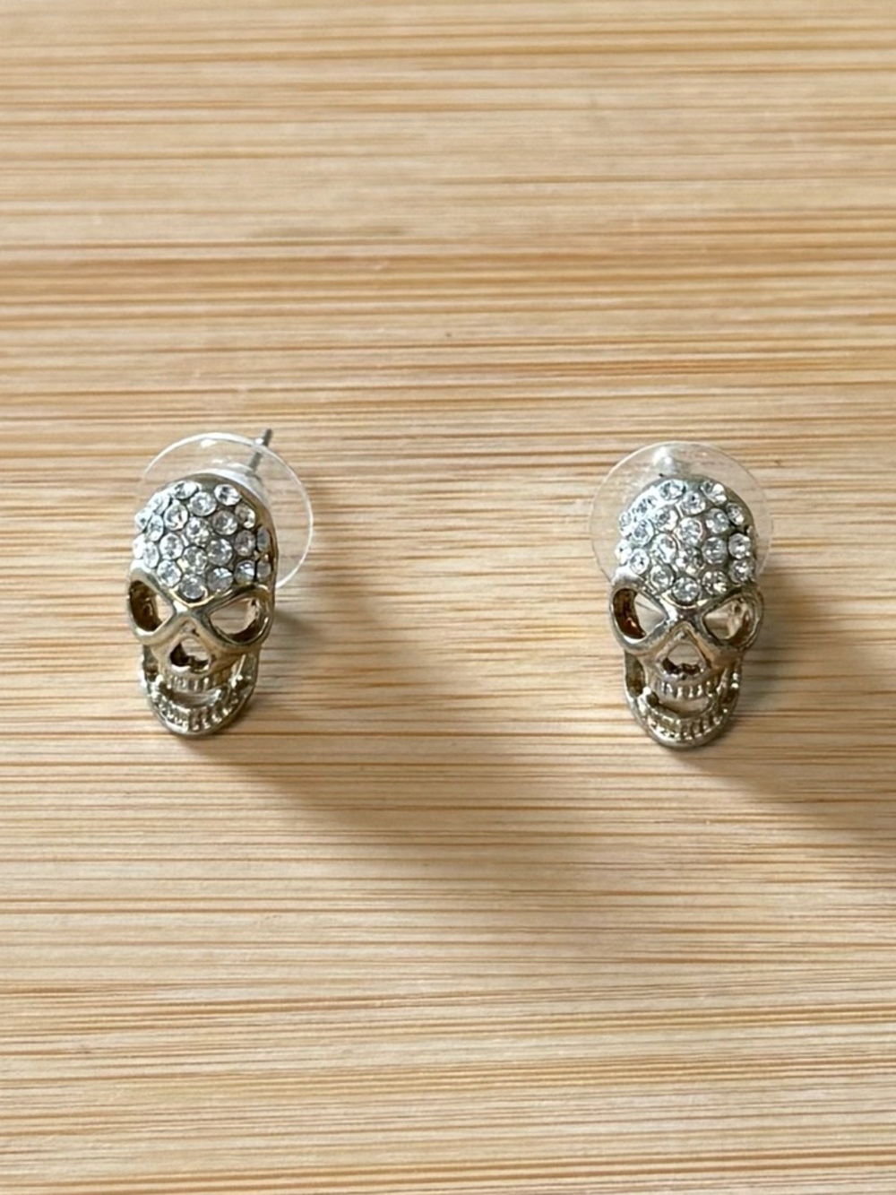 Skull Stud Earrings with Crystal Accents - Gold Tone